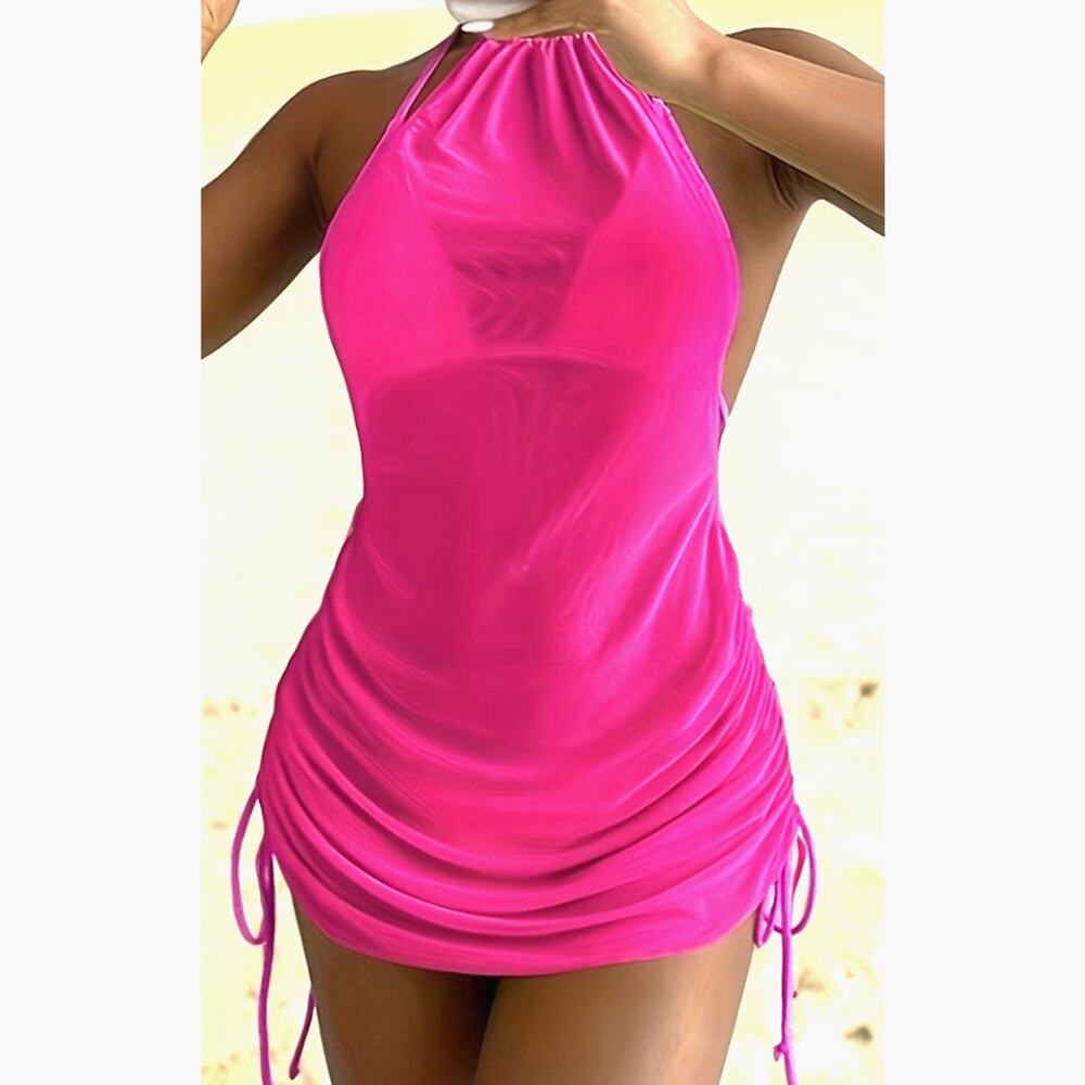 Sexy Halter Bodycon Mini Hot Pink Cover Up Swimsuit Dress See Through Beachwear